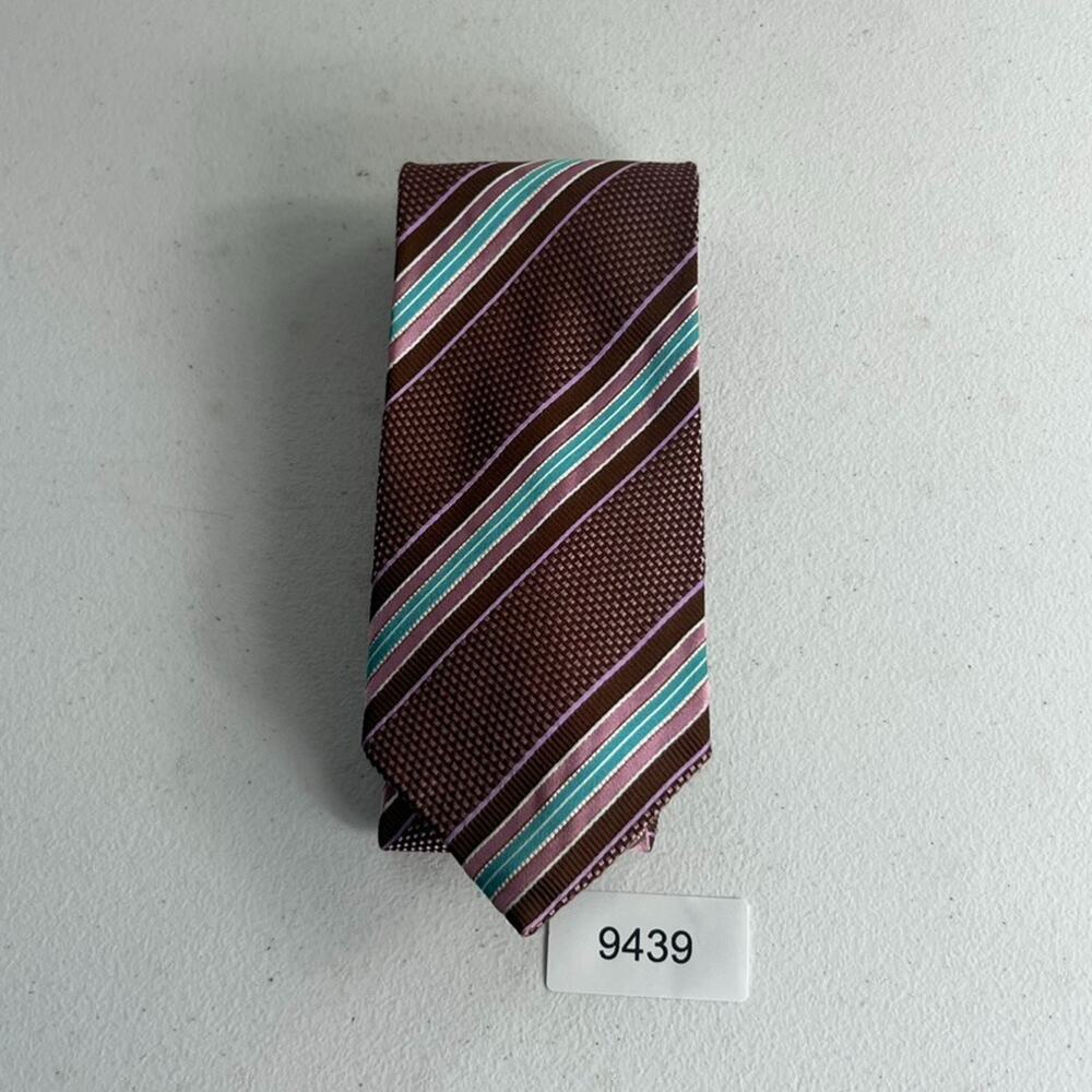Ermenegildo Zegna Silk Neck Tie Geometric Striped Brown Pink Blue